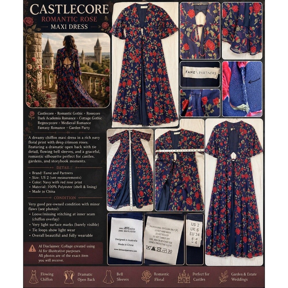 EUC Fame & Partners Rose Maxi Dress Keyhole Back Castlecore Fairytale Romantic